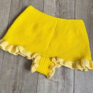 Vintage 70s Yellow Knit Crochet Micro Shorts Bloomers with Ruffle Trim
